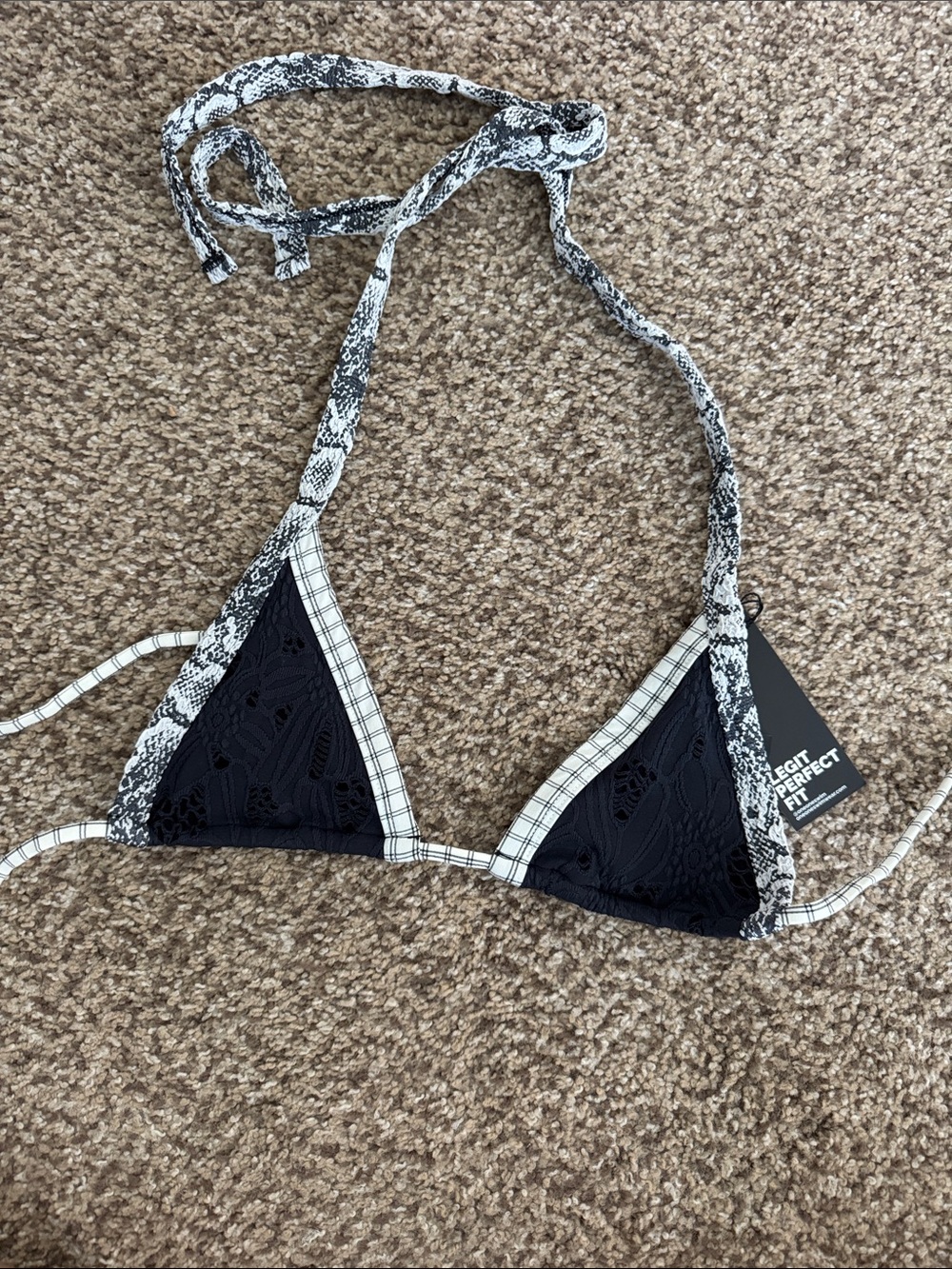 Black Lace Triangle Bikini Top with Contrast Straps